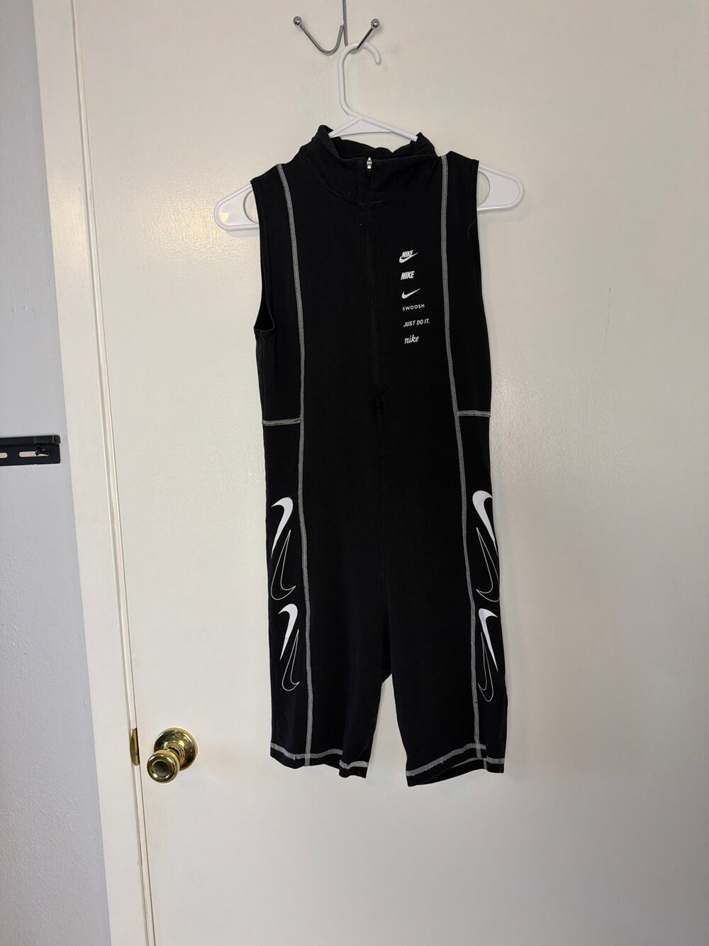 Nike Womens Size S Black Contrast Piping Mock Neck Biker Short Unitard Romper - Picture 1 of 5